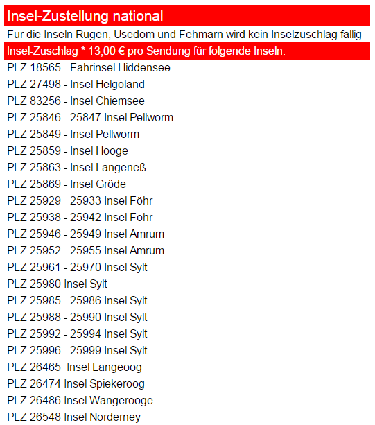 Versandkosten zu deutsche Inseln